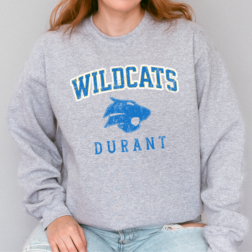 Durant Wildcats Distressed Classic Mascot Crewneck