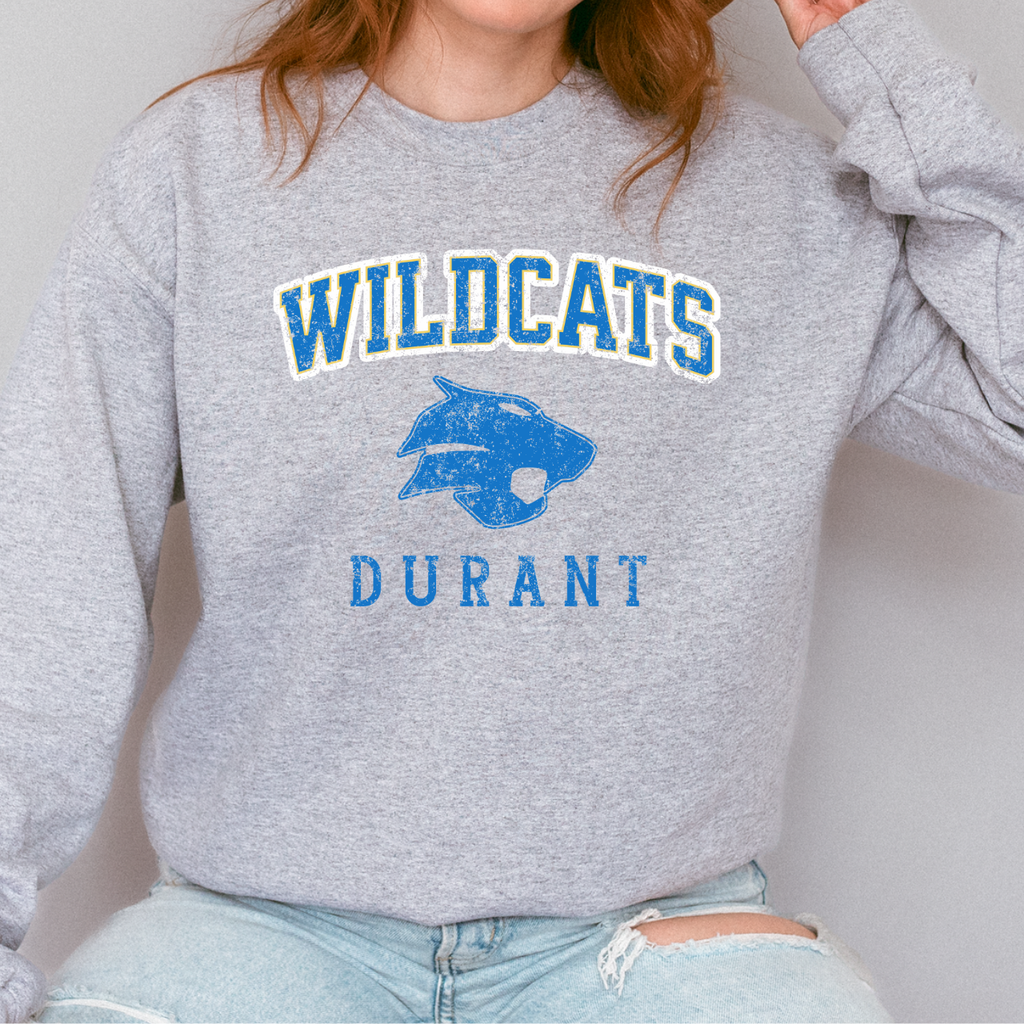 Durant Wildcats Distressed Classic Mascot Crewneck
