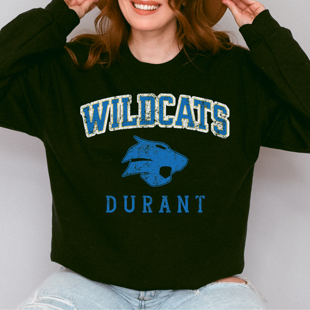 Durant Wildcats Distressed Classic Mascot Crewneck