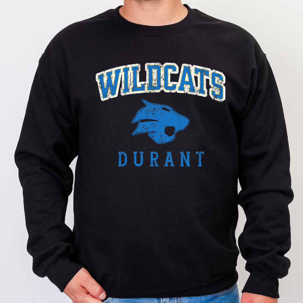 Durant Wildcats Distressed Classic Mascot Crewneck
