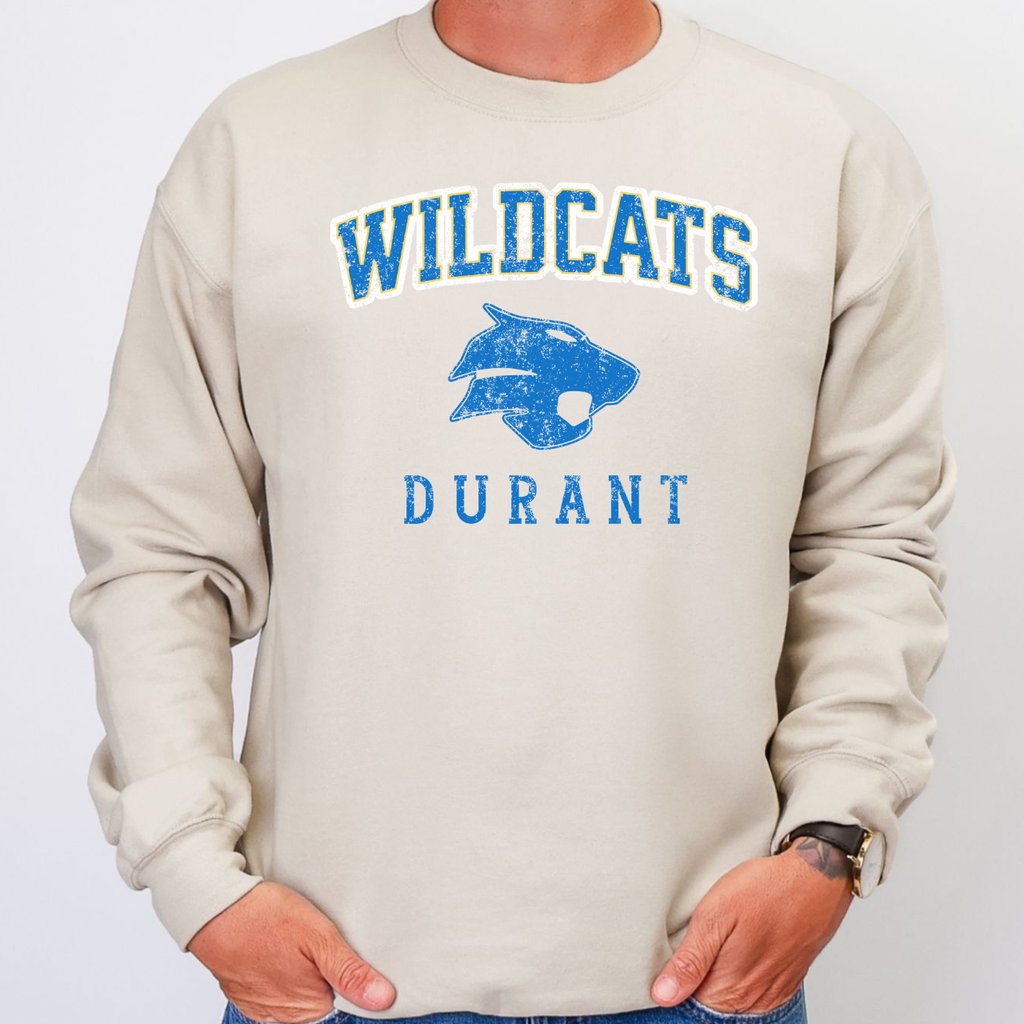 Durant Wildcats Distressed Classic Mascot Crewneck