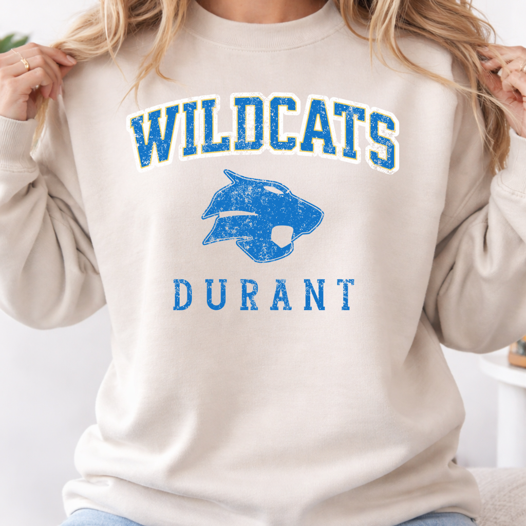 Durant Wildcats Distressed Classic Mascot Crewneck