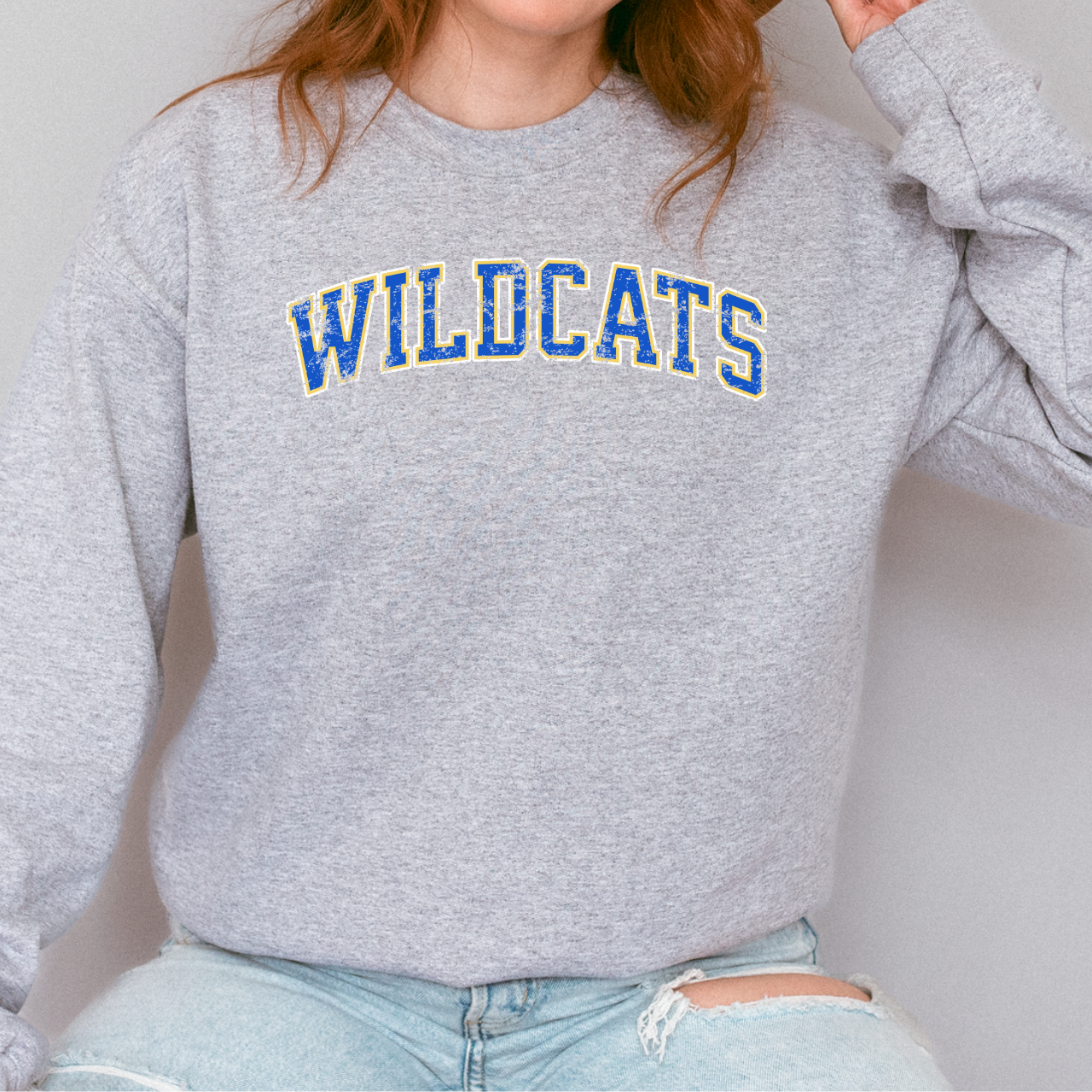 Durant Wildcats Distressed Arch Crewneck