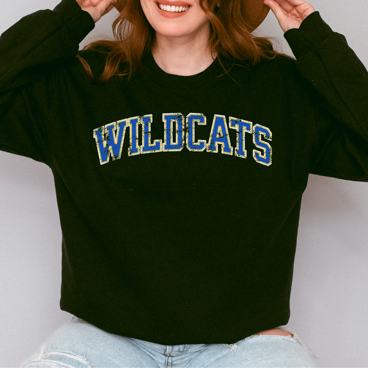 Durant Wildcats Distressed Arch Crewneck