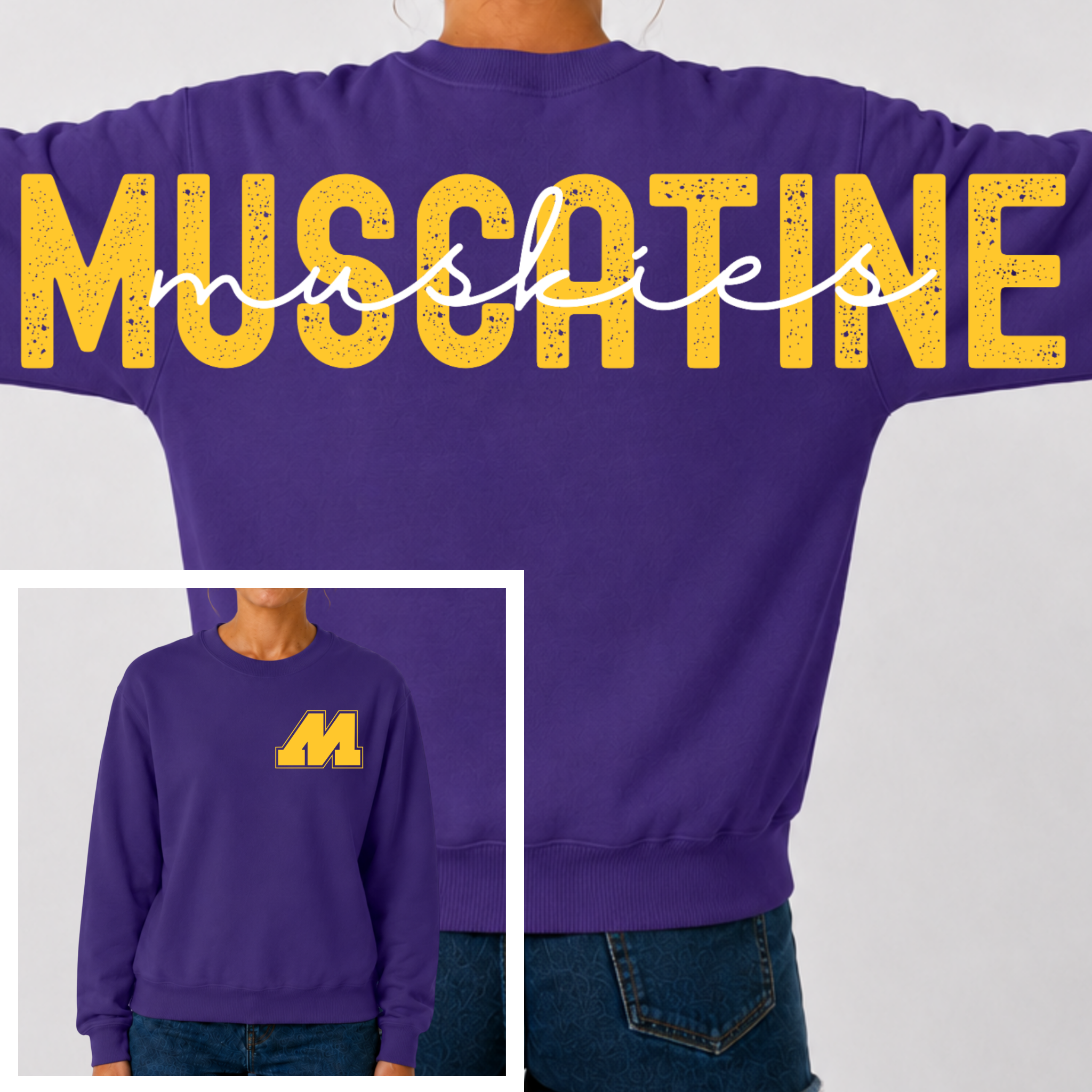 Muscatine Muskies BIG BACK Team and Mascot Crewneck