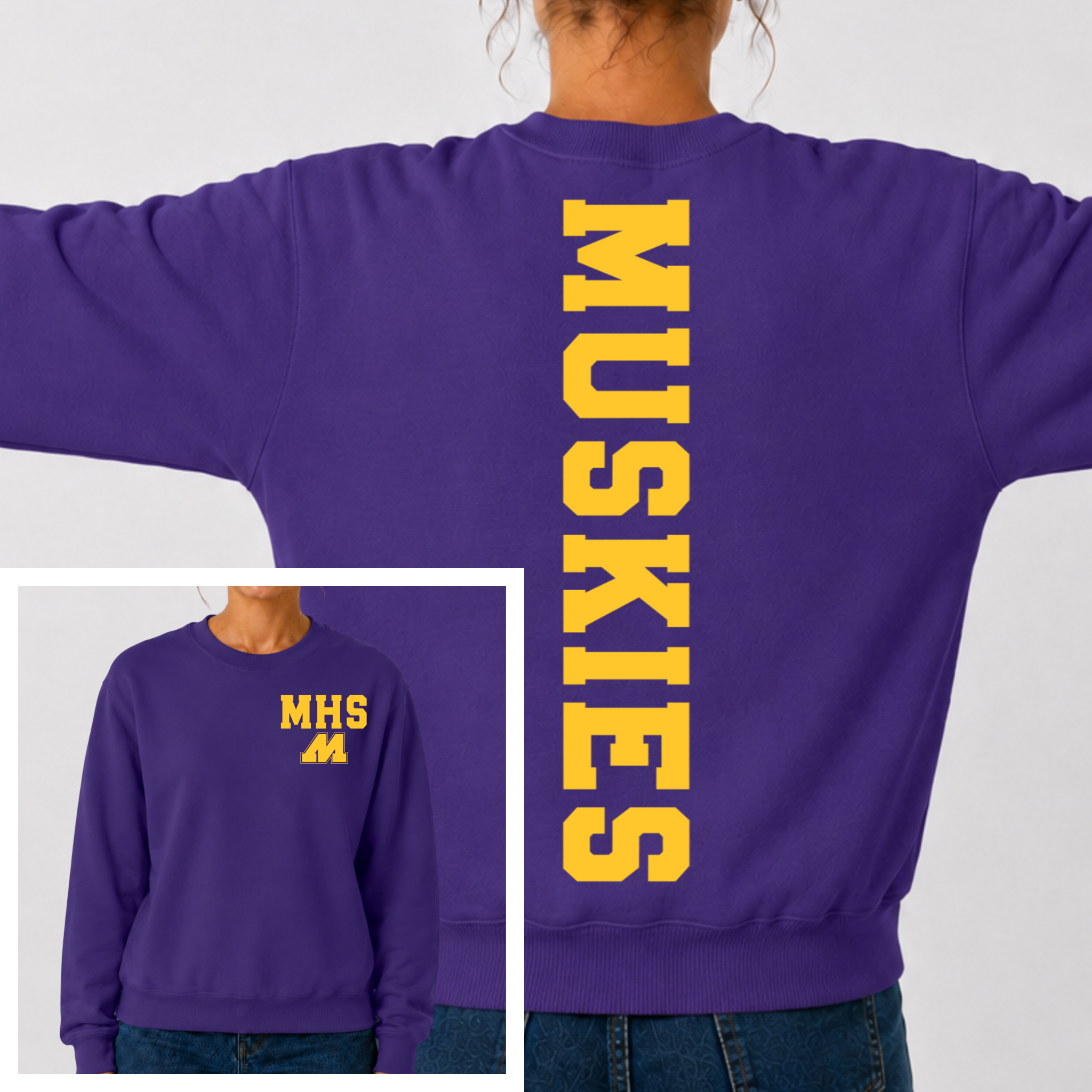 Muscatine Muskies BIG BACK Team and School Crewneck