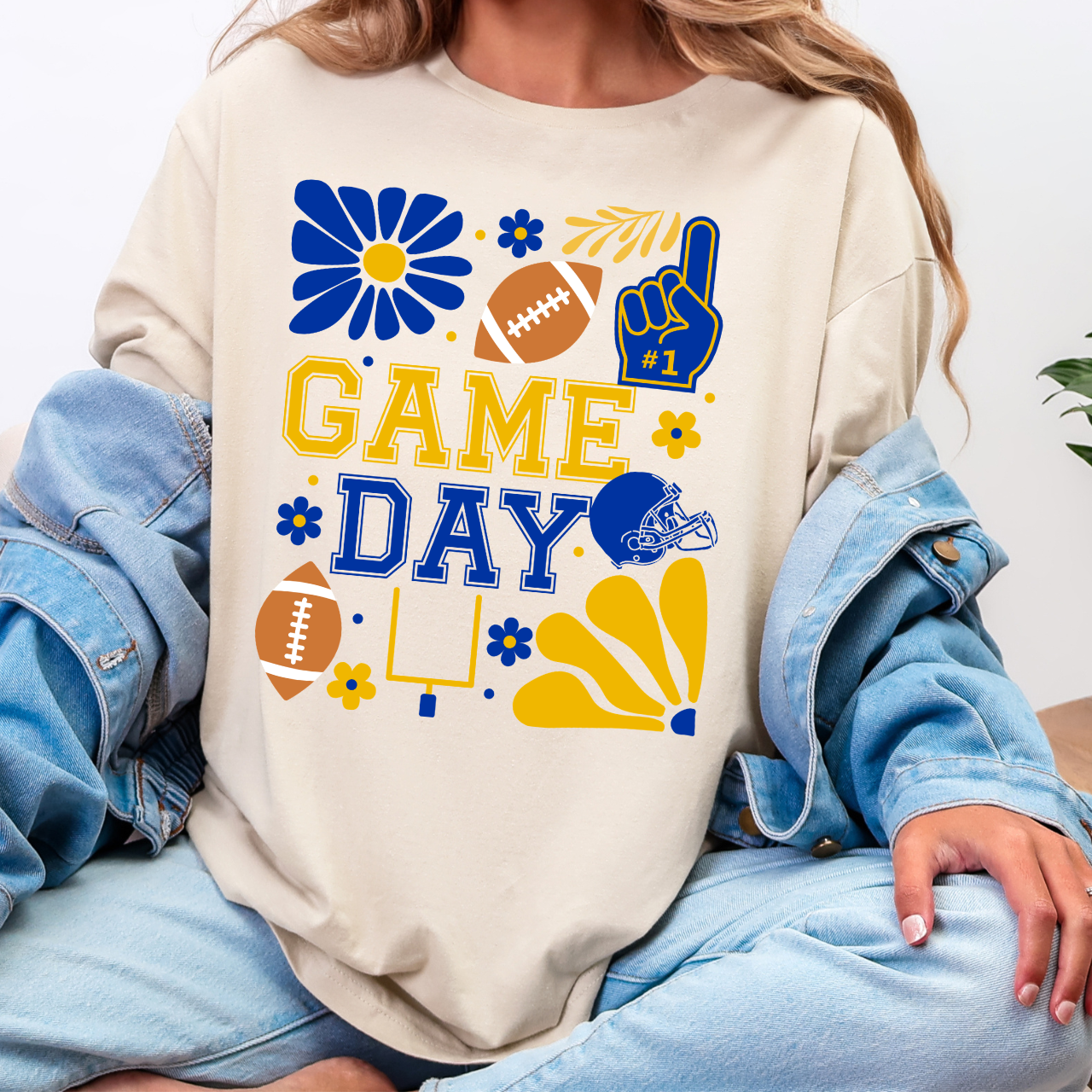 Blue and Gold Retro Football Game Day Tee