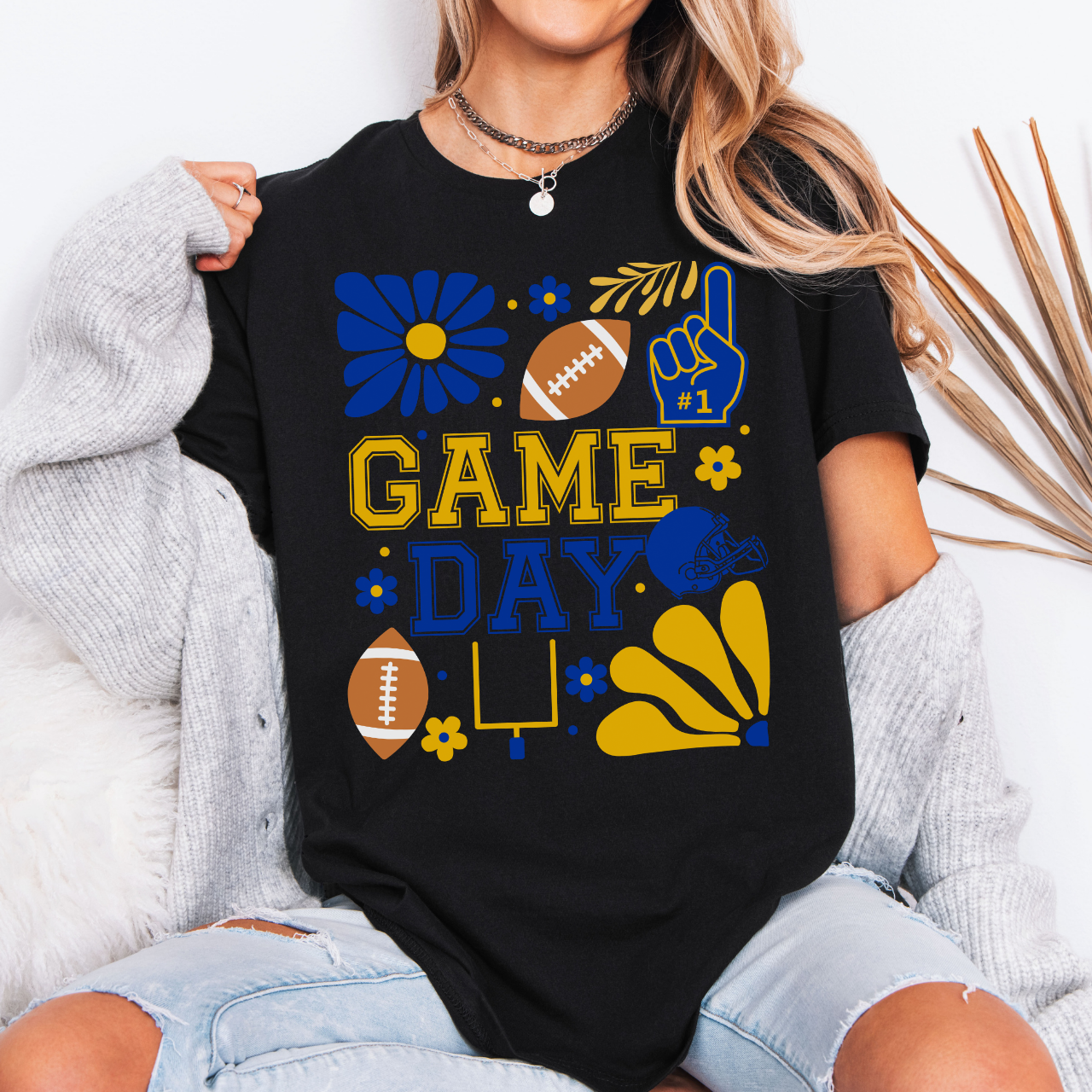 Blue and Gold Retro Football Game Day Tee