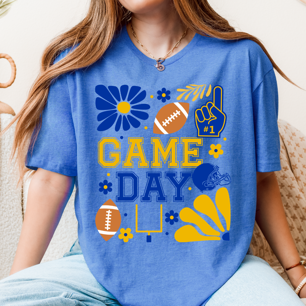 Blue and Gold Retro Football Game Day Tee