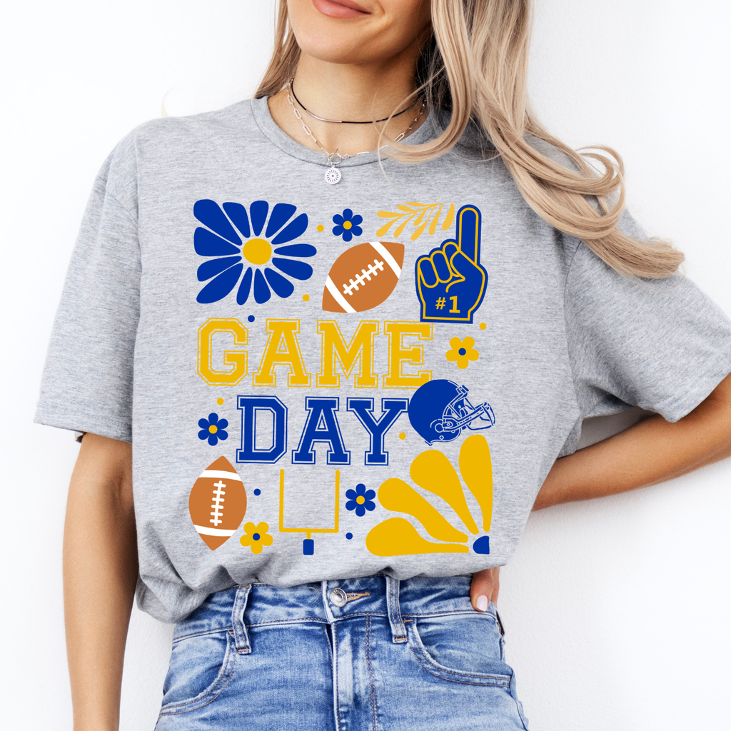 Blue and Gold Retro Football Game Day Tee