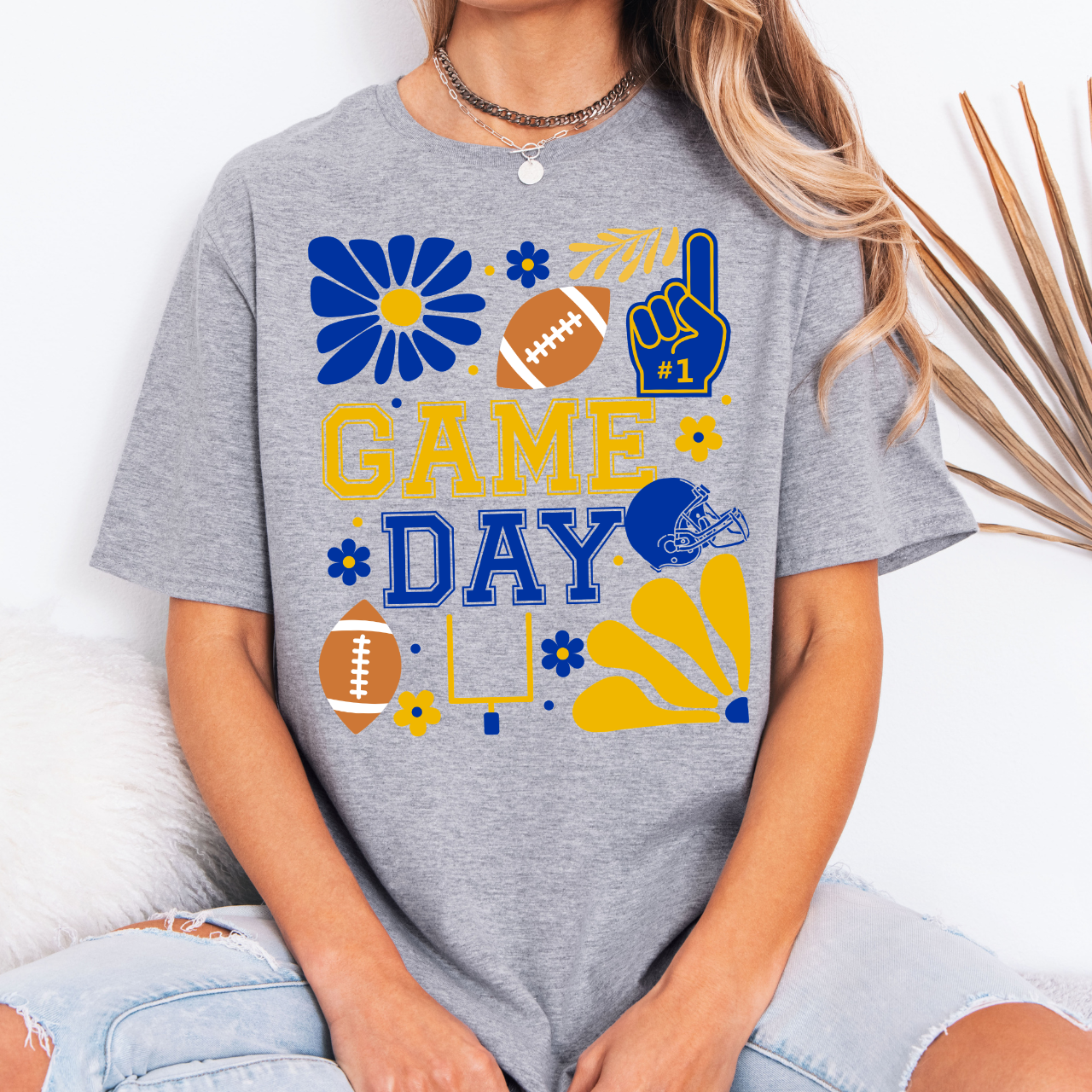 Blue and Gold Retro Football Game Day Tee