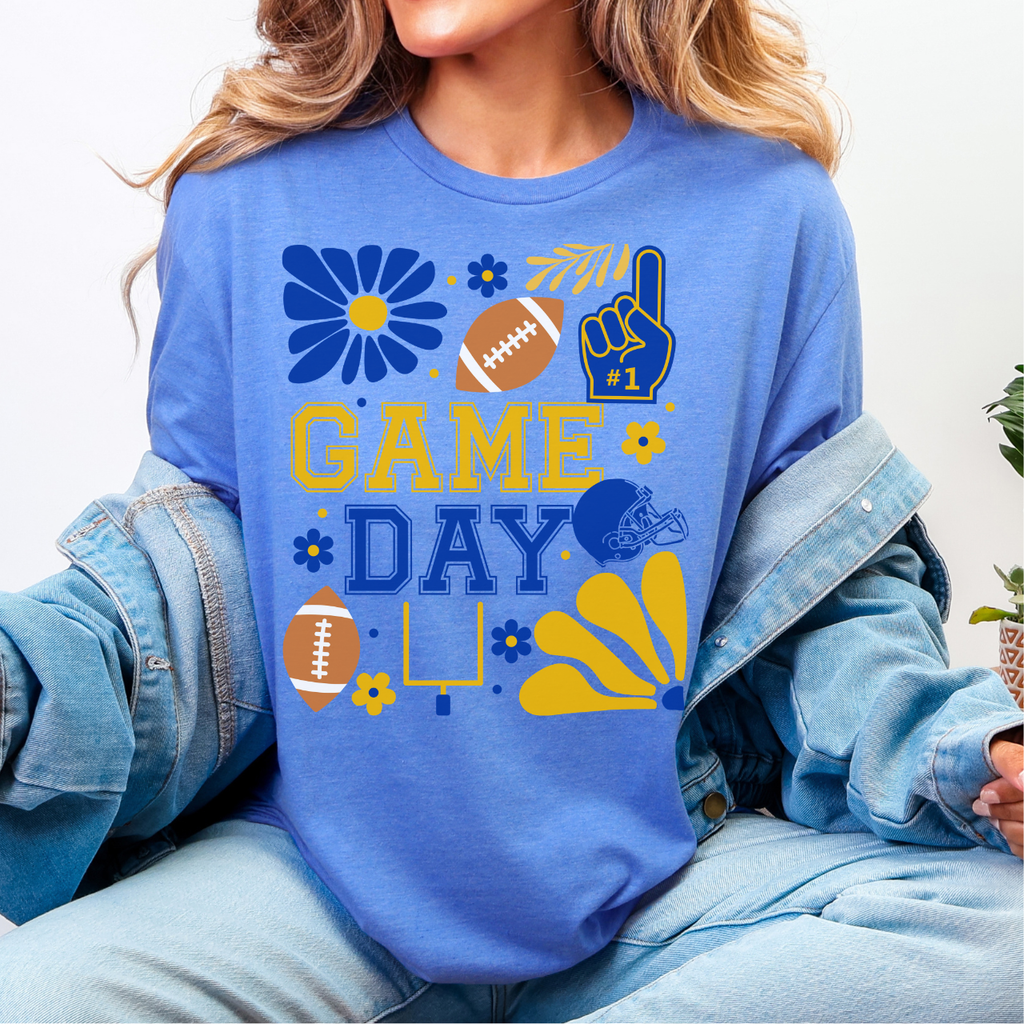 Blue and Gold Retro Football Game Day Tee