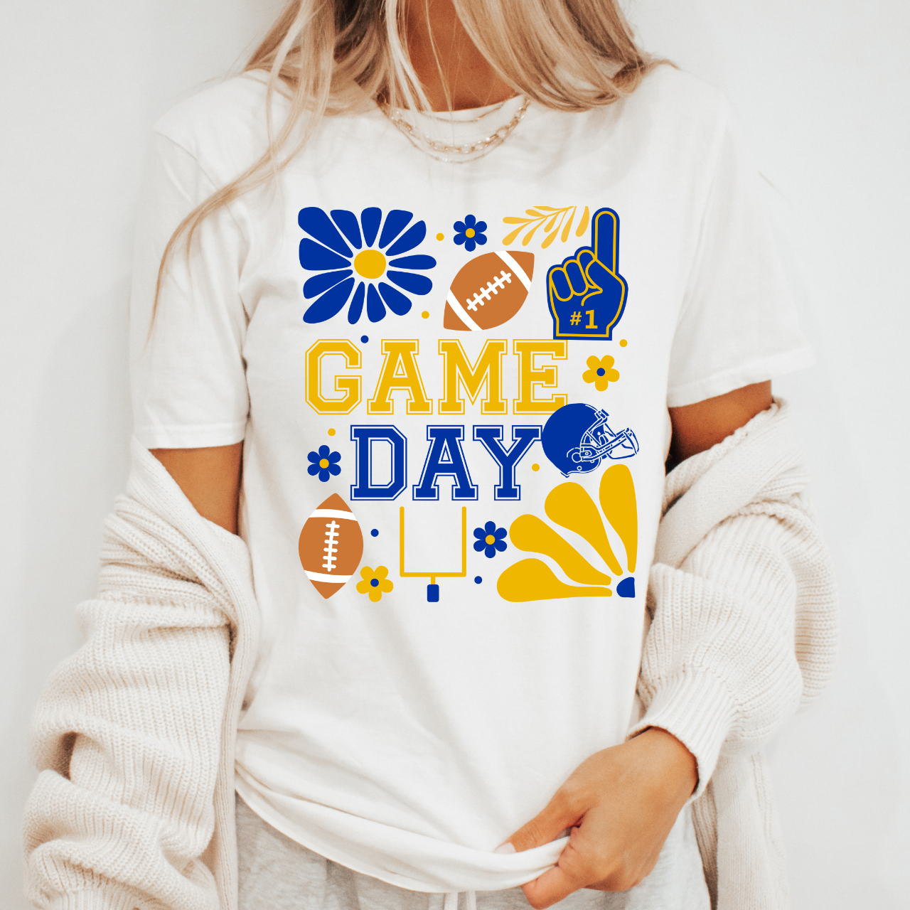 Blue and Gold Retro Football Game Day Tee