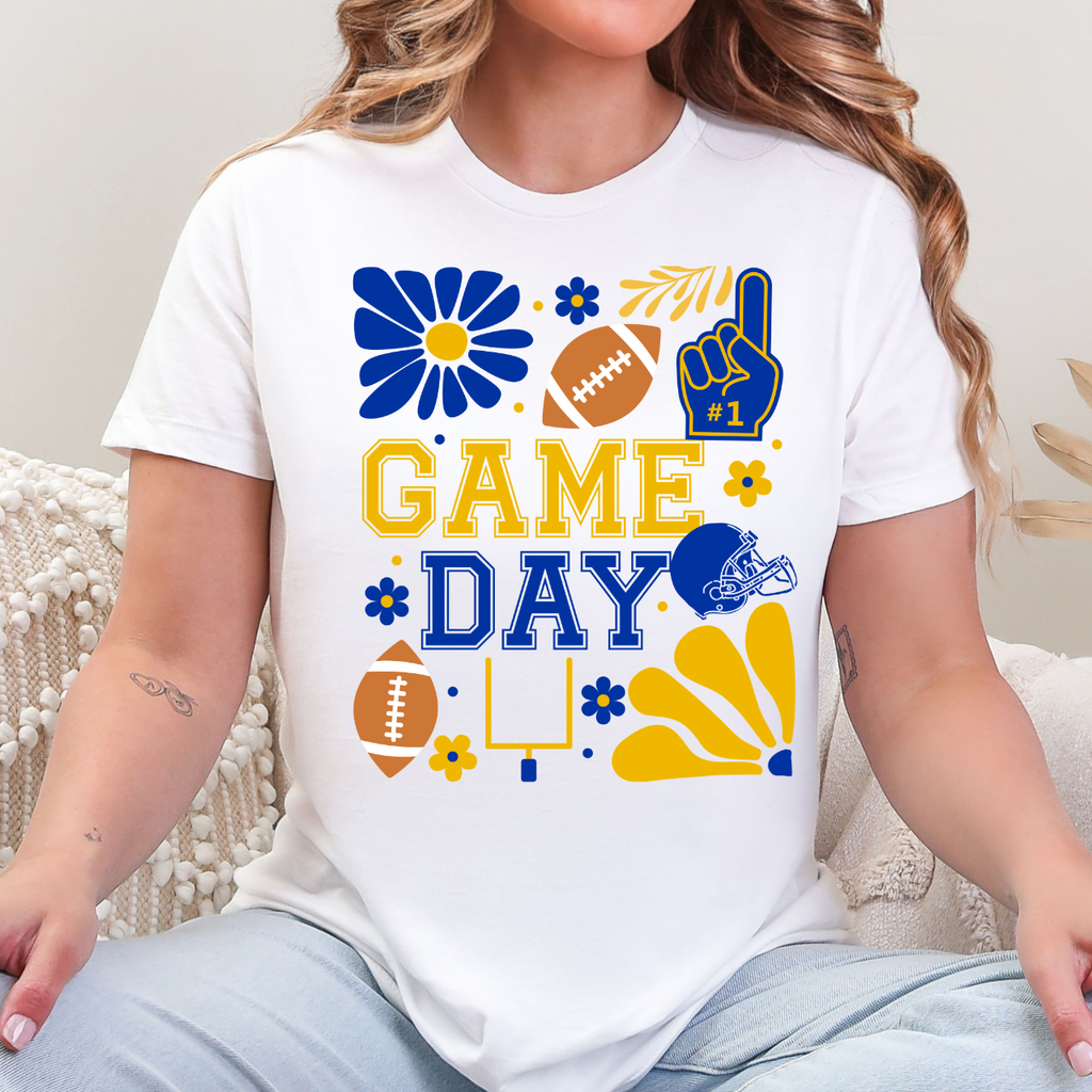 Blue and Gold Retro Football Game Day Tee