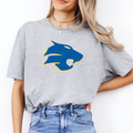 Person wearing a gray t-shirt with a blue and yellow Durant Wildcats logo.