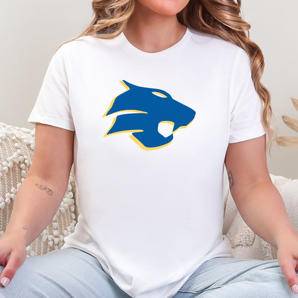 Person wearing a white t-shirt with a blue and yellow Durant Wildcats logo