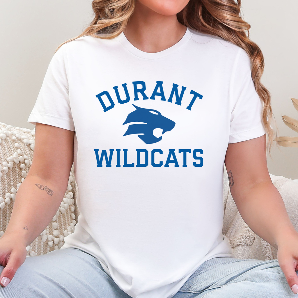 Person wearing a white t-shirt with 'Durant Wildcats' printed on it.