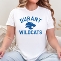 Person wearing a white t-shirt with 'Durant Wildcats' printed on it.