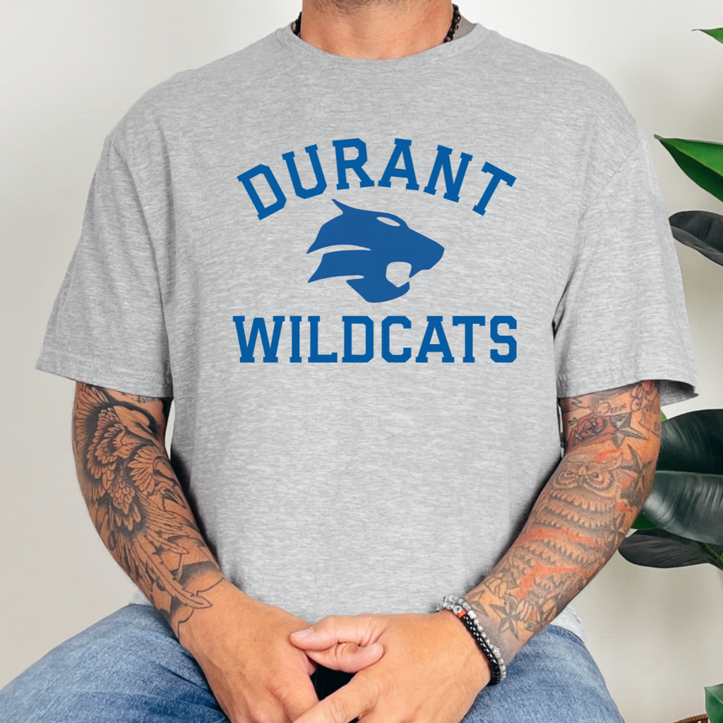 Person wearing a gray t-shirt with 'Durant Wildcats' print