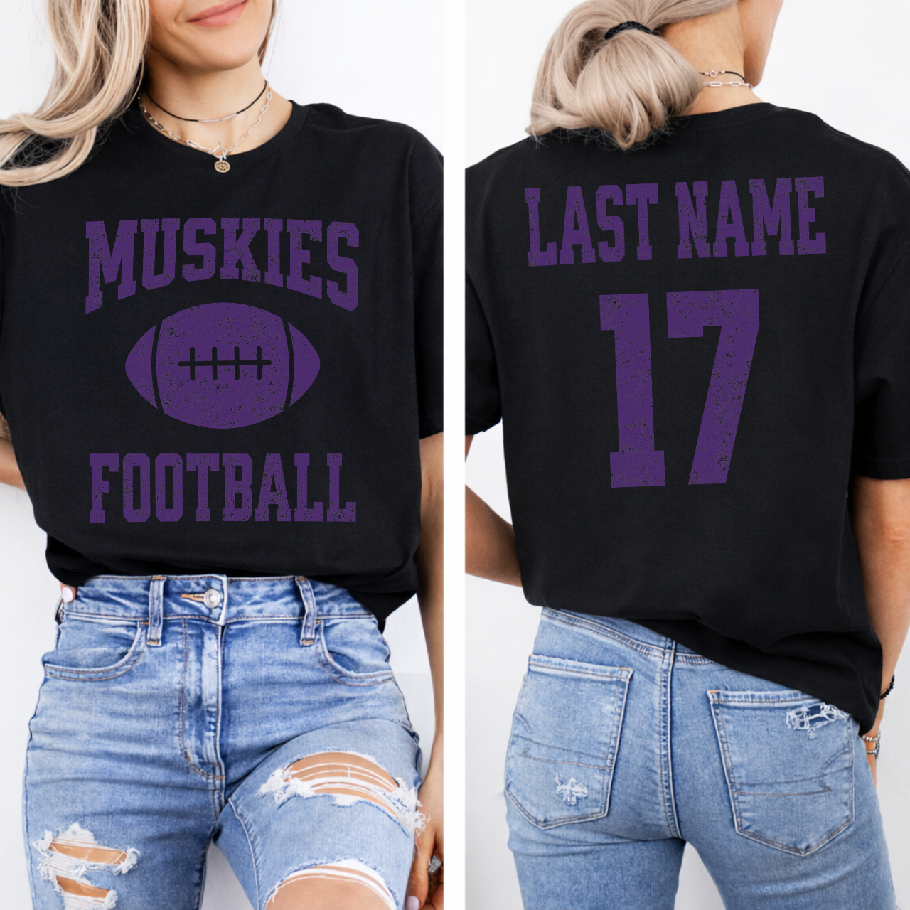 Muskies Personalized Name and Number Football Tee (Purple)