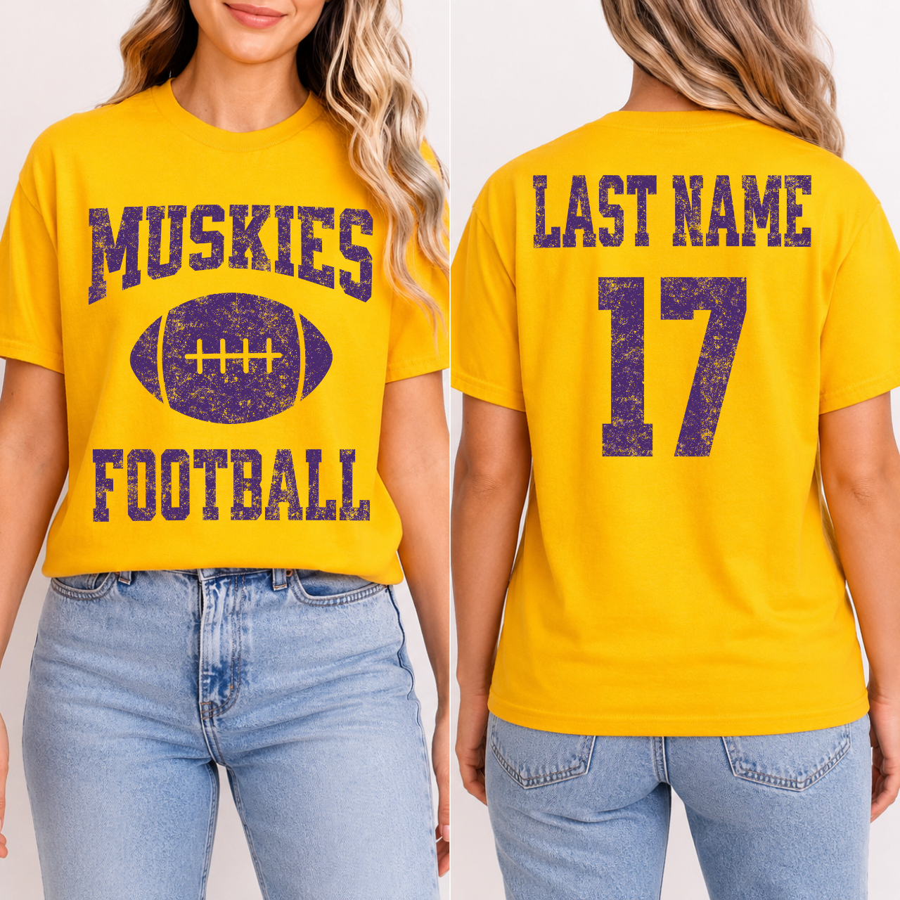 Muskies Personalized Name and Number Football Tee (Purple)