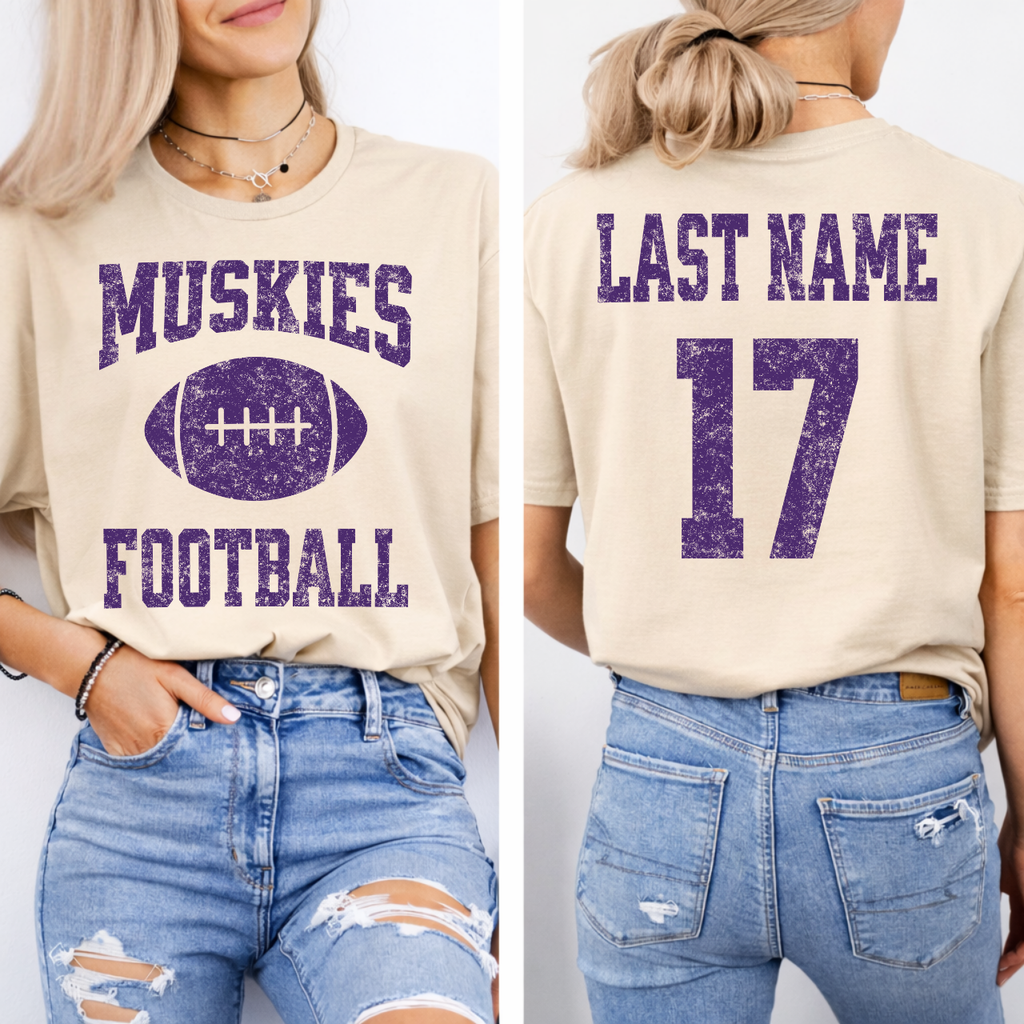 Muskies Personalized Name and Number Football Tee (Purple)