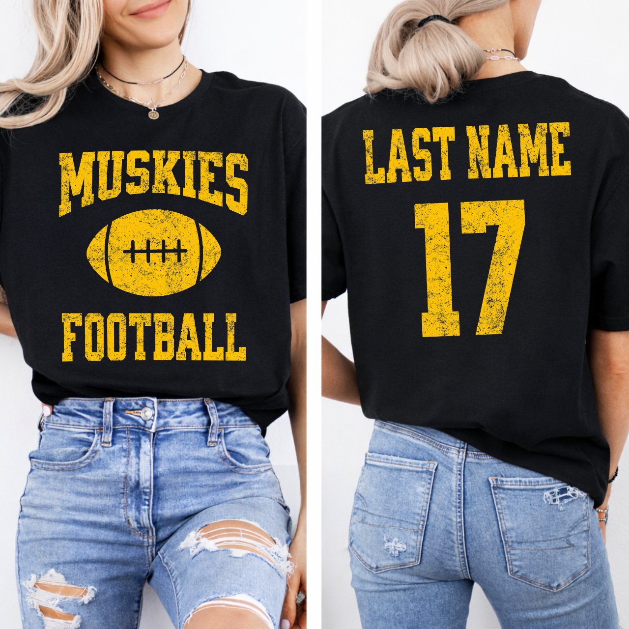 Muskies Personalized Name and Number Football Tee (Gold)