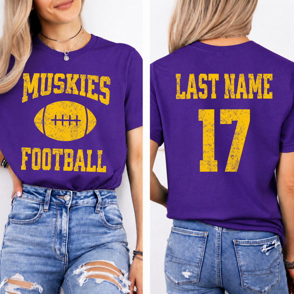 Muskies Personalized Name and Number Football Tee (Gold)