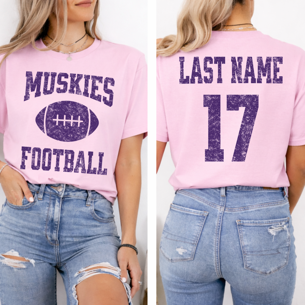 Muskies Personalized Name and Number Football Tee (Purple)