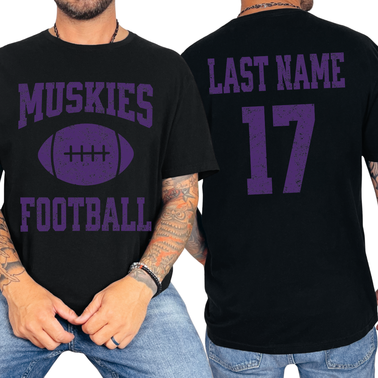 Muskies Personalized Name and Number Football Tee (Purple)