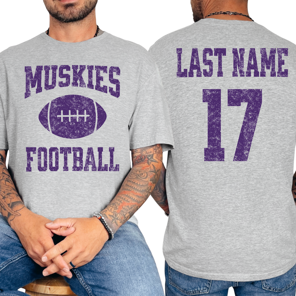 Muskies Personalized Name and Number Football Tee (Purple)
