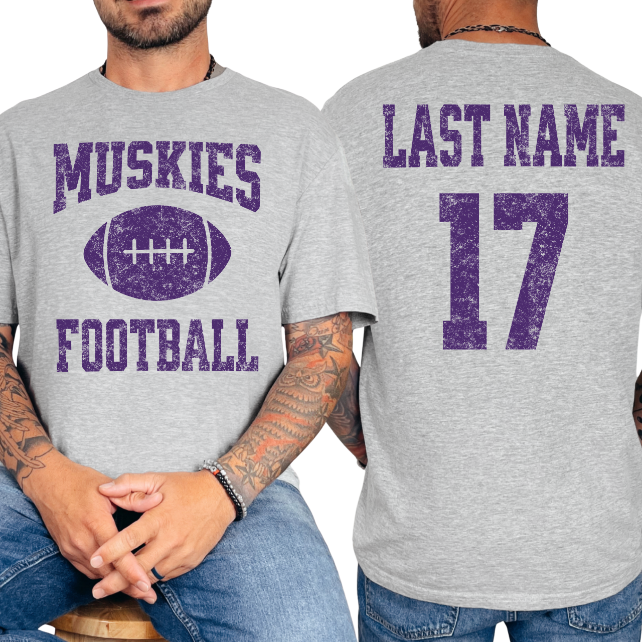 Muskies Personalized Name and Number Football Tee (Purple)