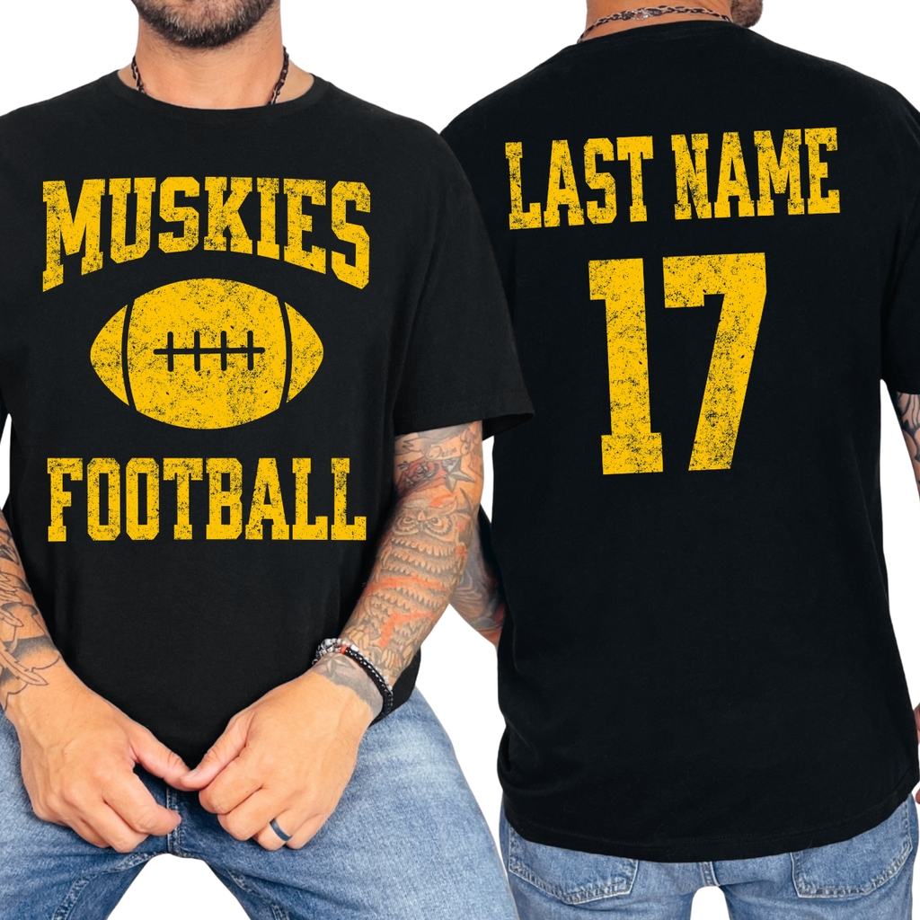 Muskies Personalized Name and Number Football Tee (Gold)