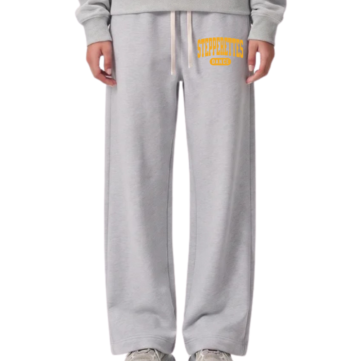 Wilton Stepperettes Dance wide leg sweatpants with gold Stepperettes Dance design on the upper leg