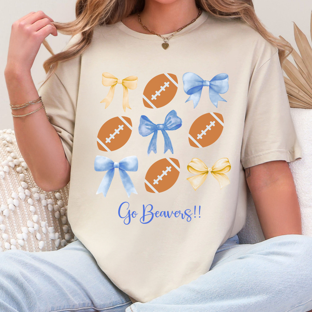 Wilton Beavers Bows and Footballs Tee