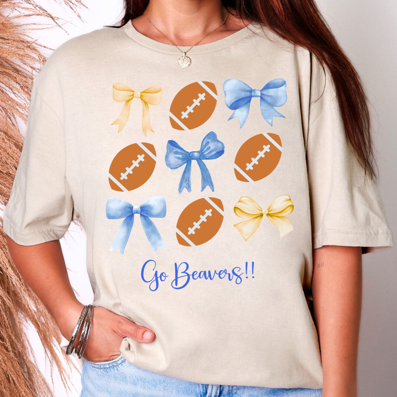 Wilton Beavers Bows and Footballs Tee