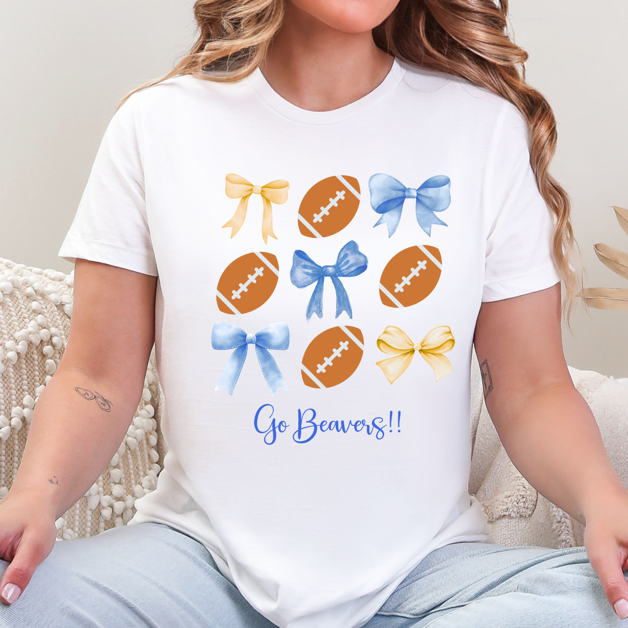 Wilton Beavers Bows and Footballs Tee