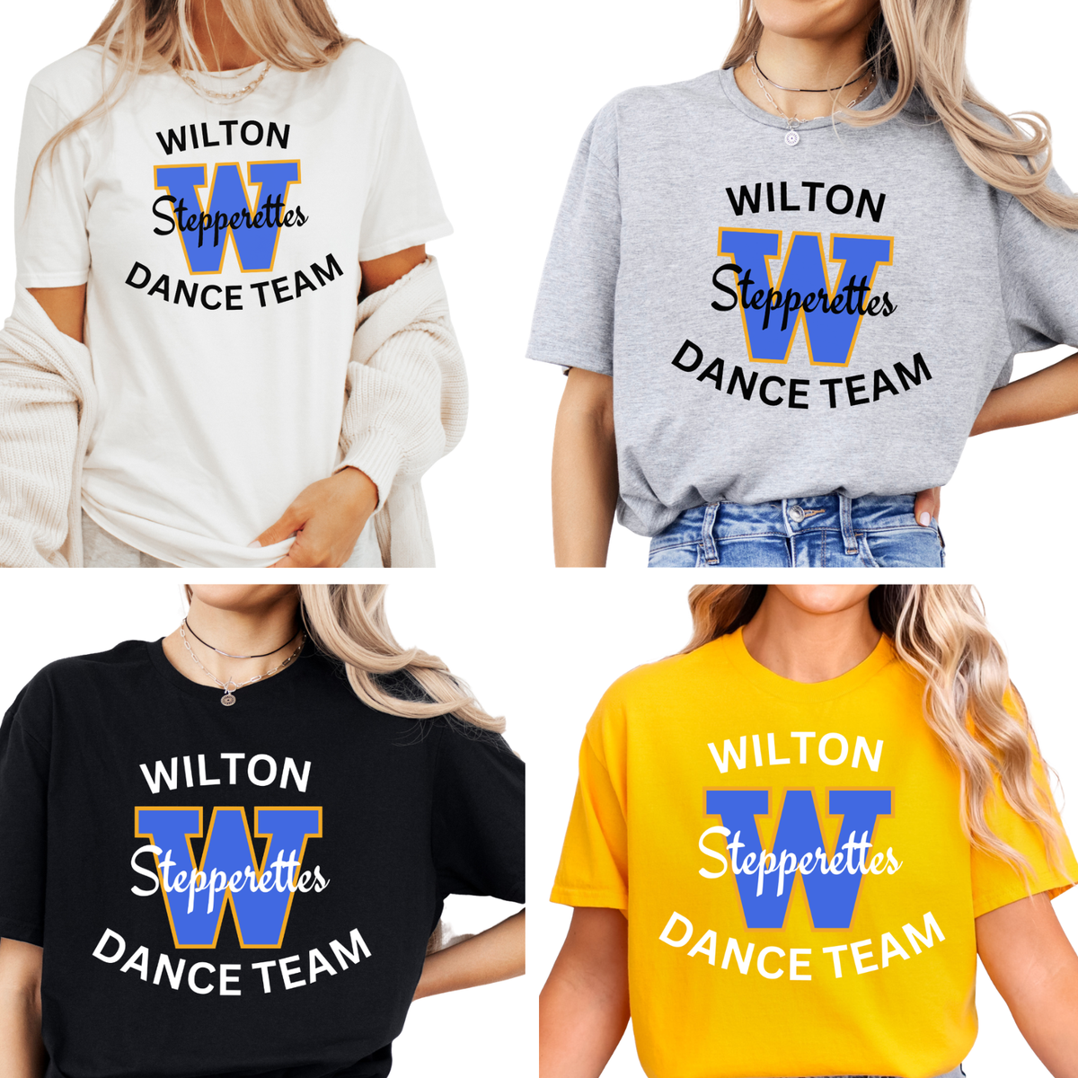 Wilton Stepperettes Dance Team Gildan Softstyle tees in white, sport gray, black and gold with royal blue W design