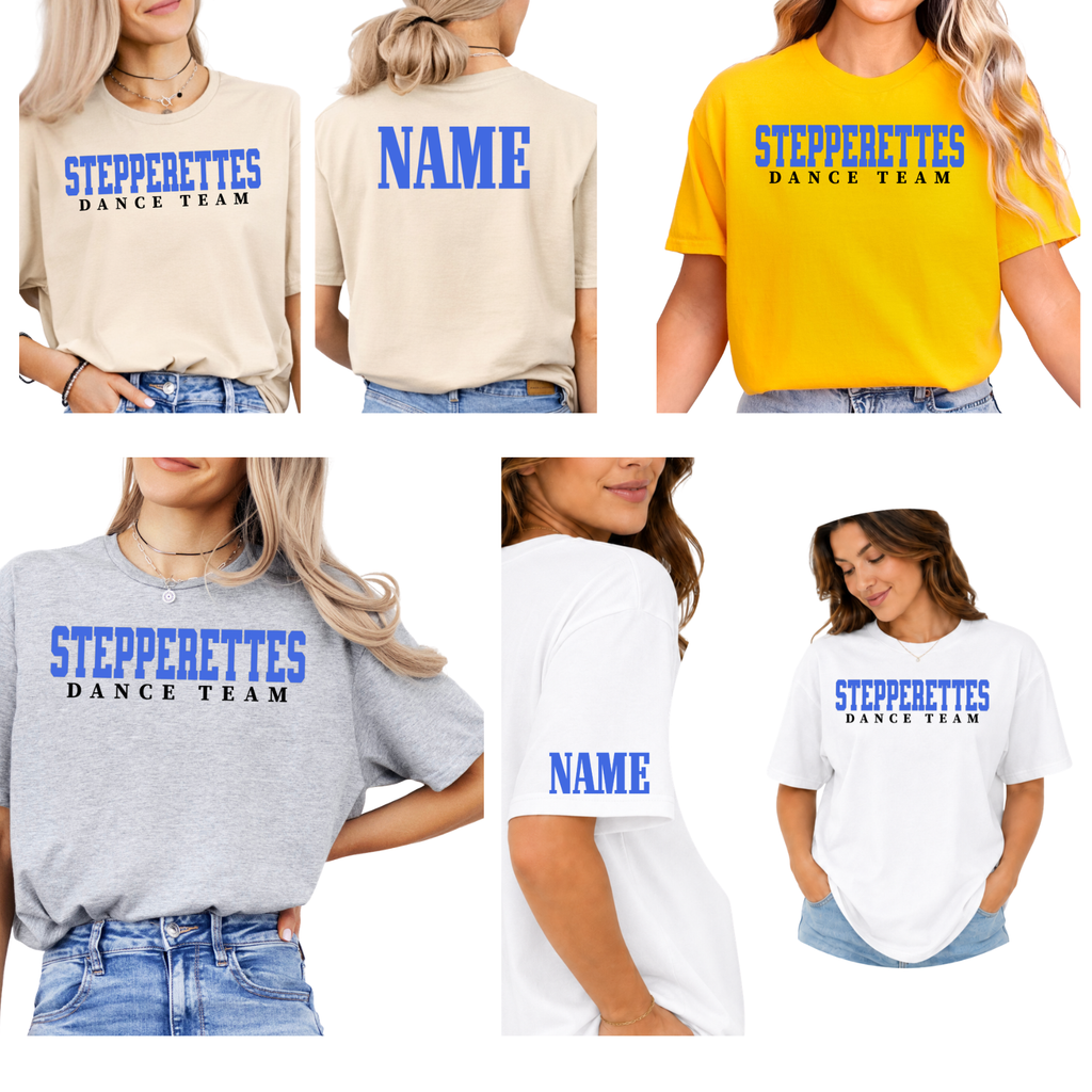 Personalized Stepperettes Dance Team Softstyle tee with custom blue sleeve or back name