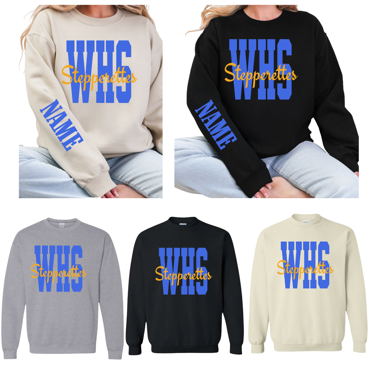 WHS Stepperettes unisex crewneck sweatshirts in sand, black, and sport gray with blue and gold design and optional sleeve name