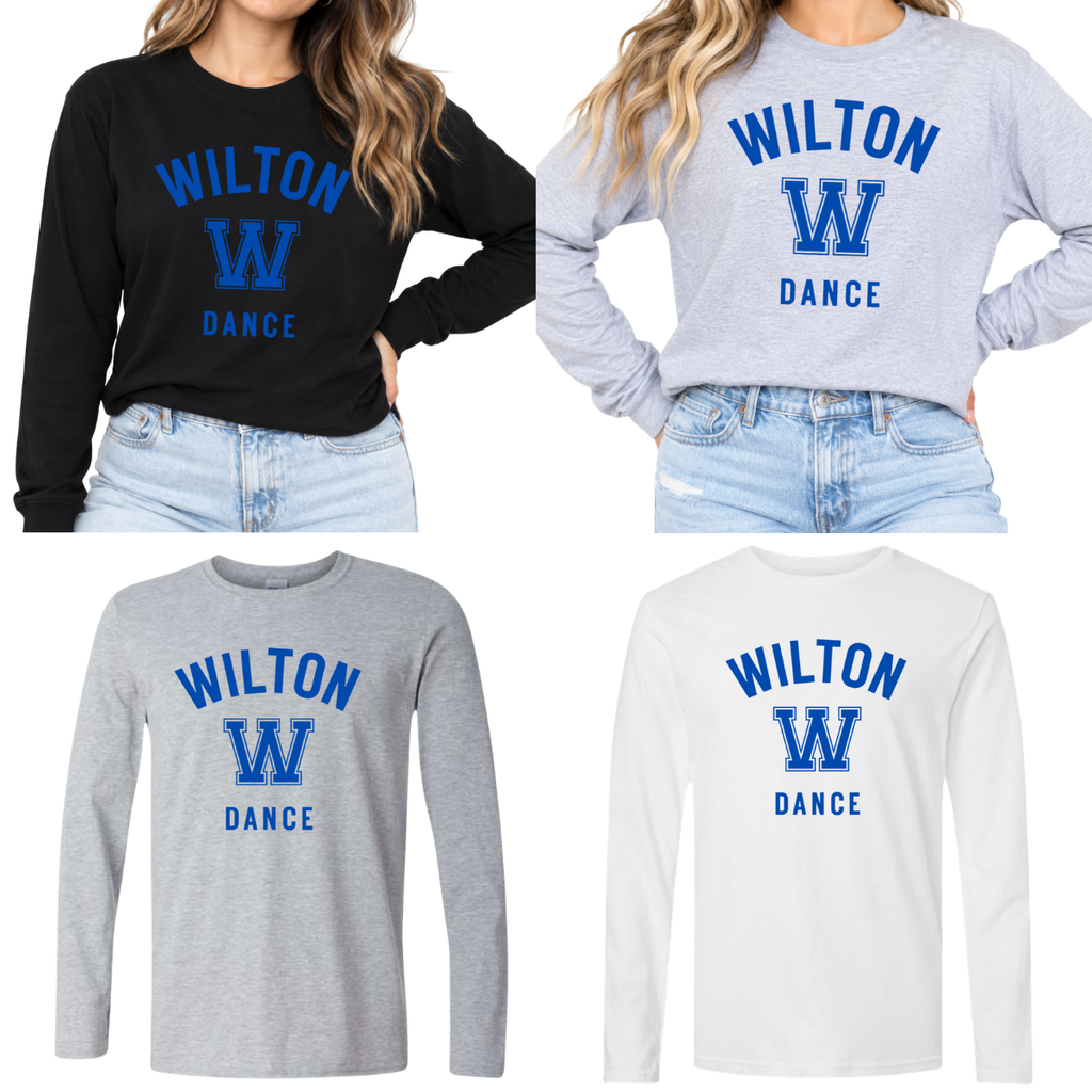 Wilton Dance blue collegiate long sleeve tees in black, sport gray and white with royal blue WILTON W DANCE design