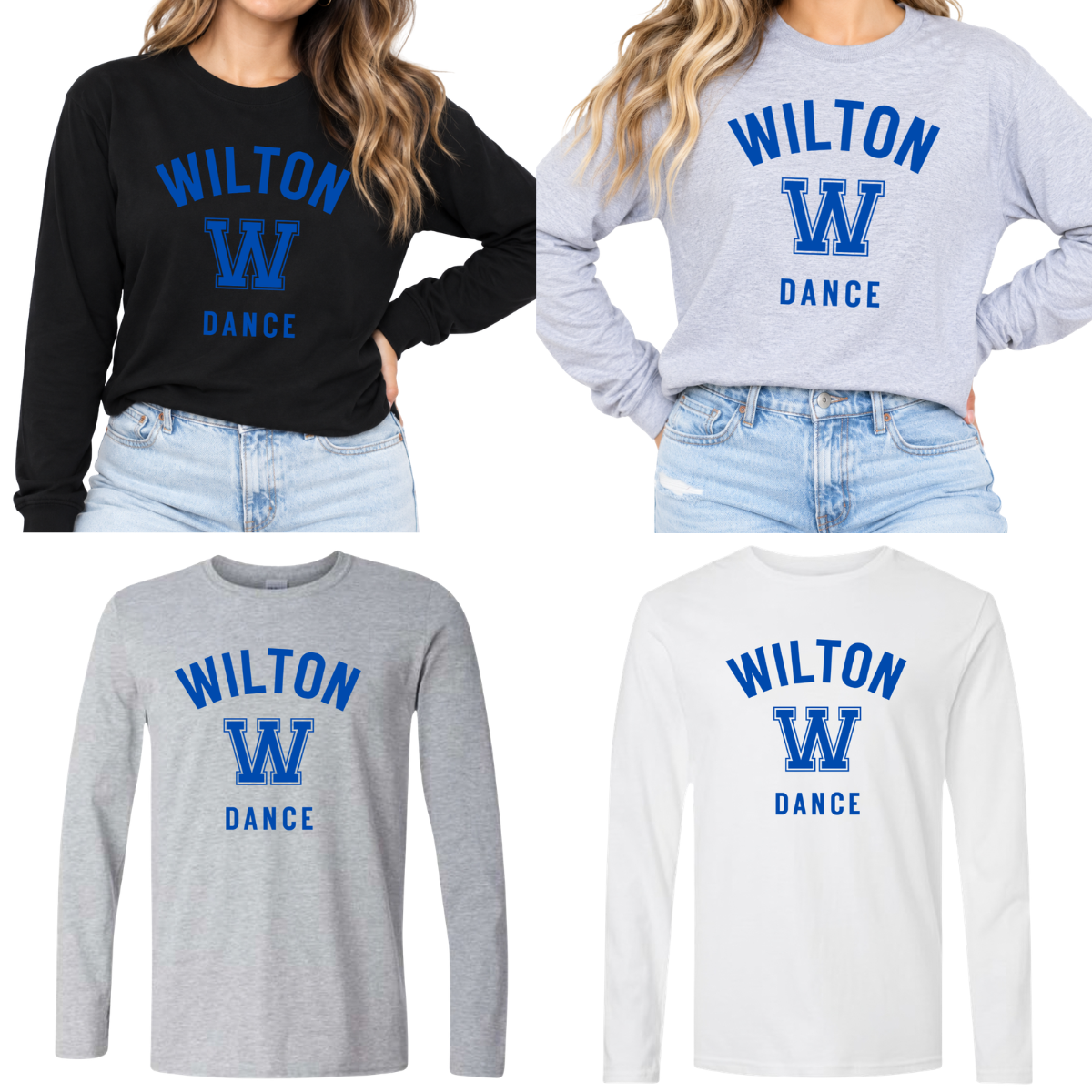 Wilton Dance blue collegiate long sleeve tees in black, sport gray and white with royal blue WILTON W DANCE design