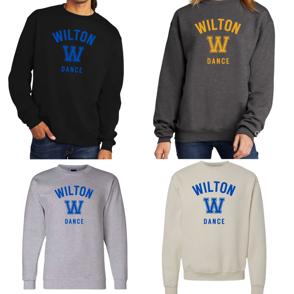 Wilton Dance collegiate Champion Powerblend crewnecks in black, charcoal, gray and natural with WILTON W DANCE design