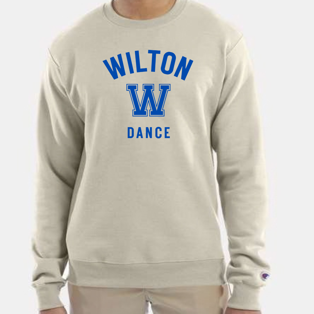 Wilton Dance collegiate Champion Powerblend crewnecks in black, charcoal, gray and natural with WILTON W DANCE design