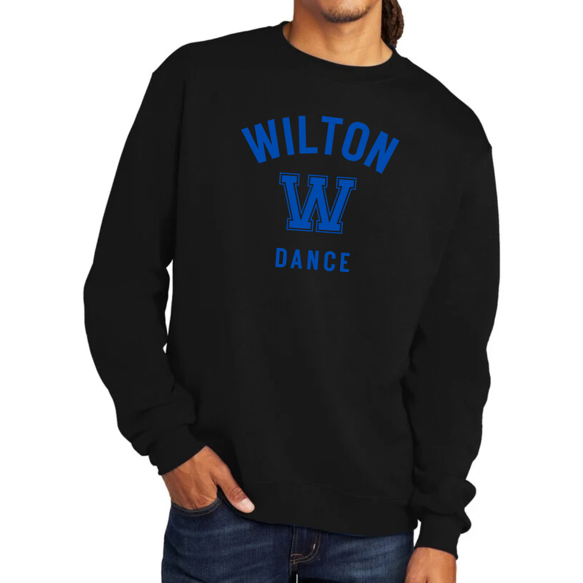 Wilton Dance collegiate Champion Powerblend crewnecks in black, charcoal, gray and natural with WILTON W DANCE design