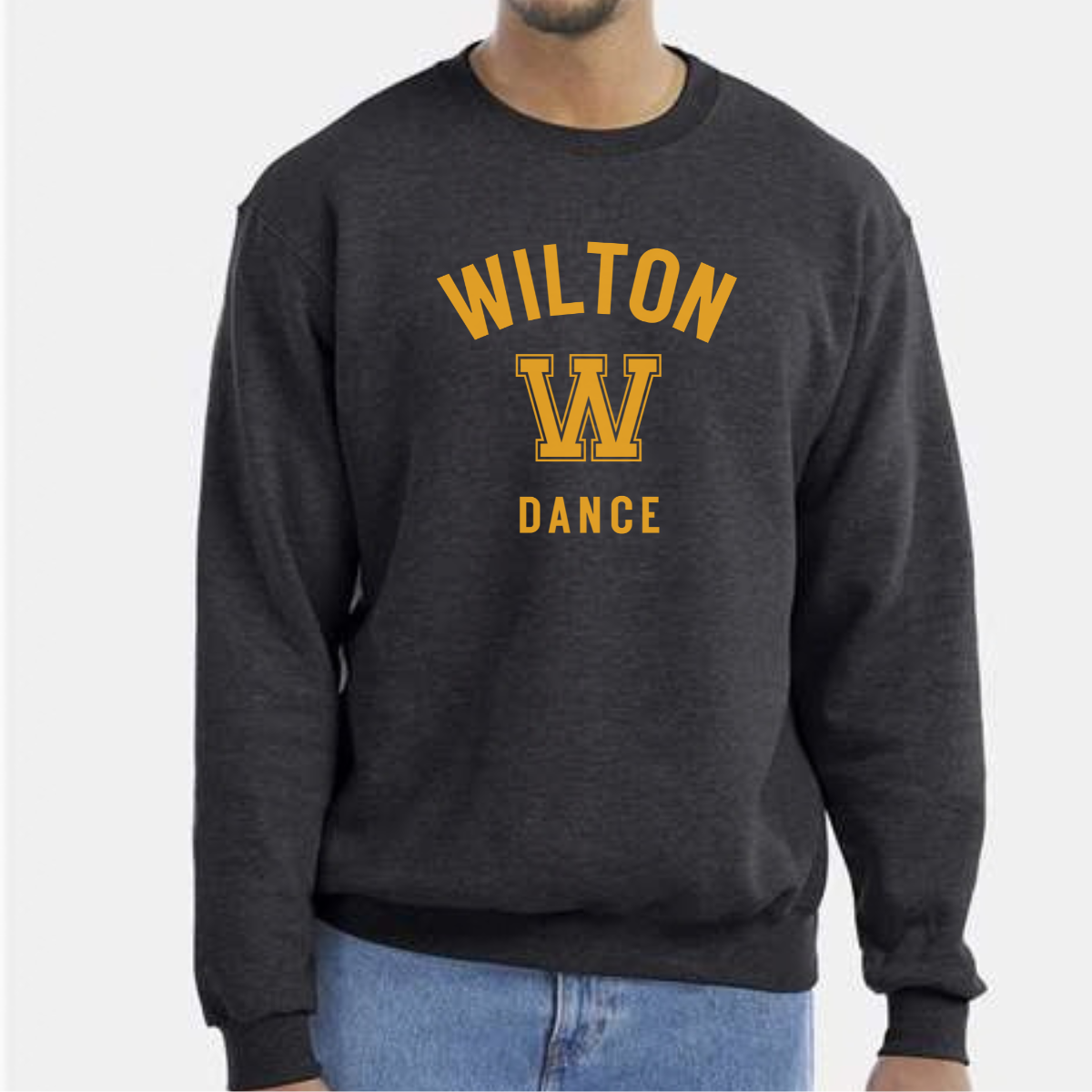 Wilton Dance collegiate Champion Powerblend crewnecks in black, charcoal, gray and natural with WILTON W DANCE design