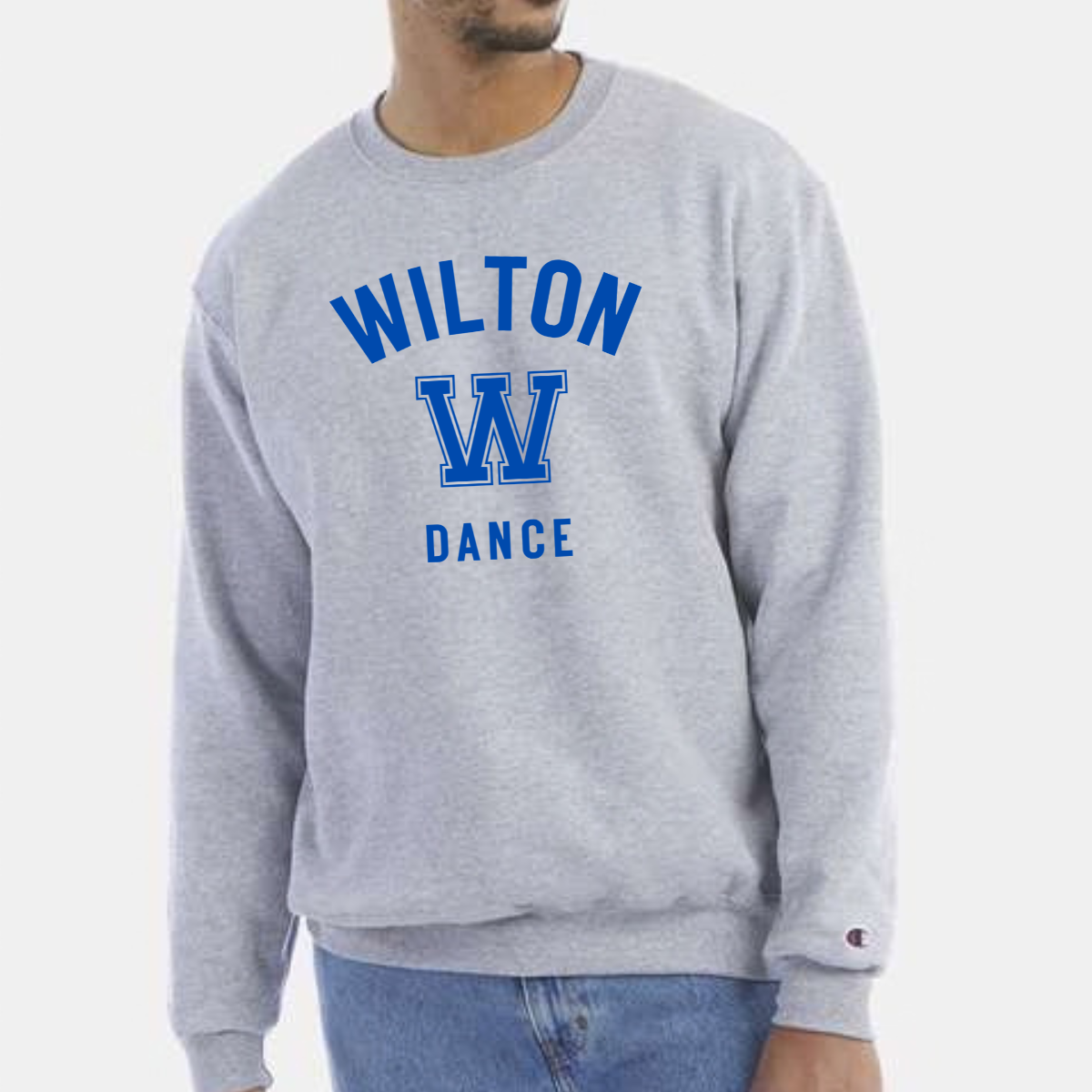 Wilton Dance collegiate Champion Powerblend crewnecks in black, charcoal, gray and natural with WILTON W DANCE design