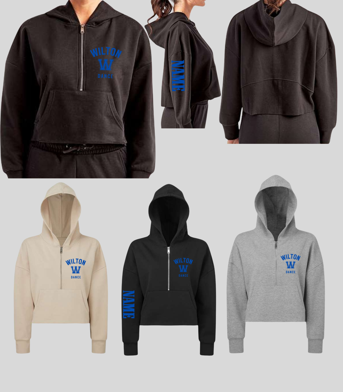 Wilton Dance collegiate cropped half zip hoodies in ivory, black and heather gray with blue WILTON W DANCE chest design and custom sleeve name