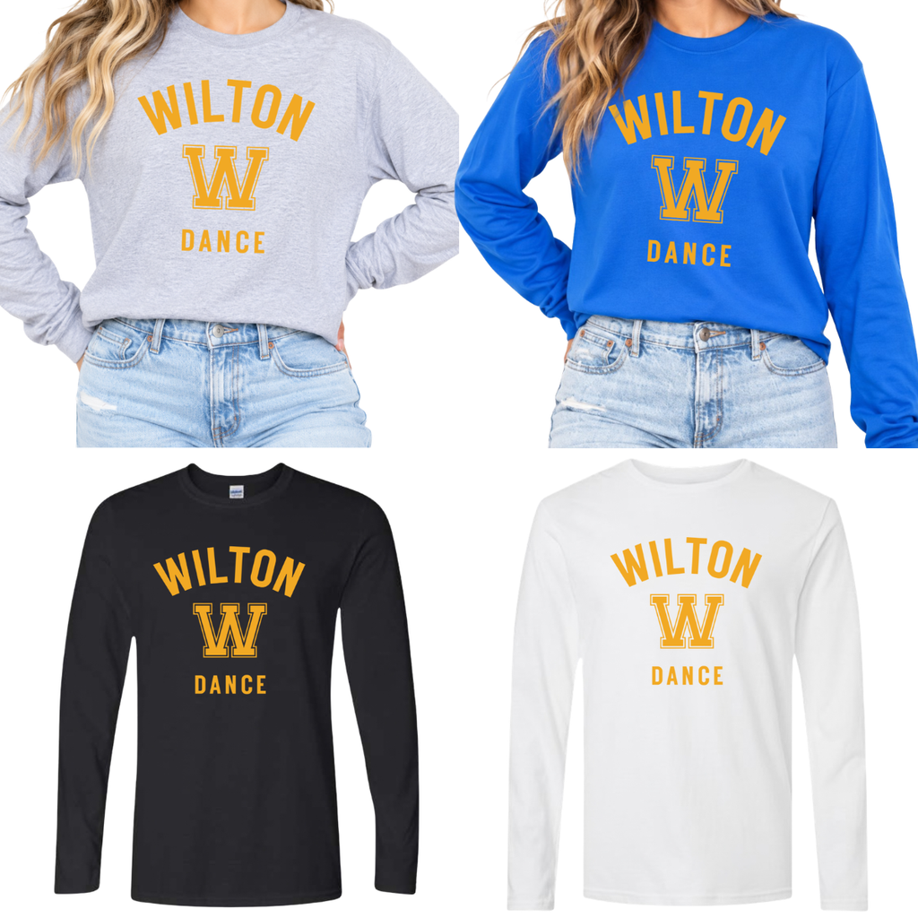 Wilton Dance collegiate long sleeve tees in sport gray, royal blue, black and white with gold WILTON W DANCE design