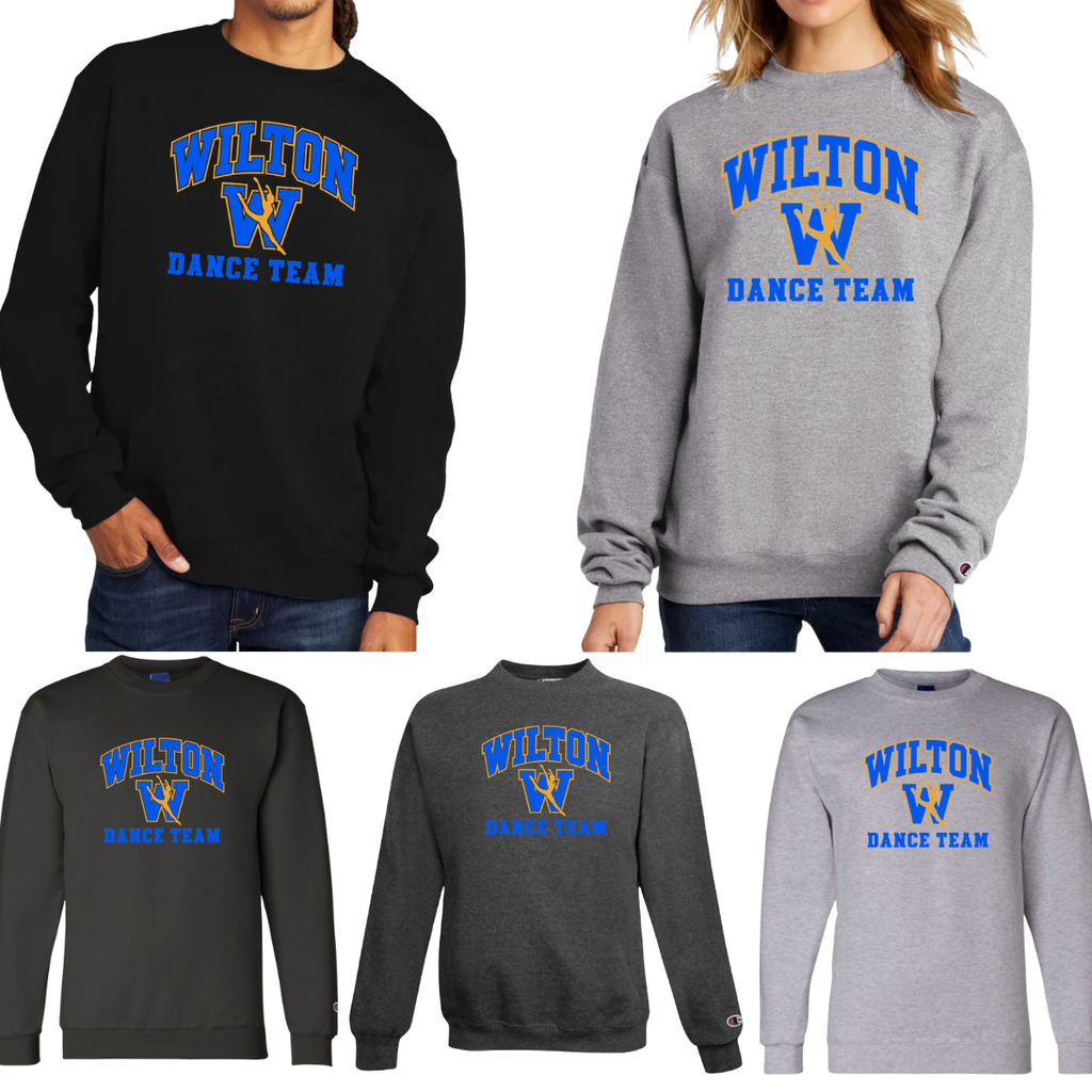 Wilton Dance Team Champion Powerblend crewnecks in black, charcoal and gray with royal blue and gold W dancer design